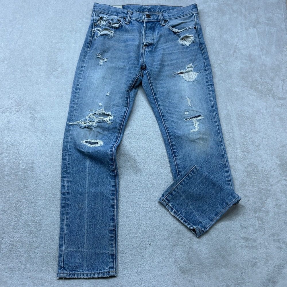Abercrombie Fitch Skinny Jeans Men 30x30 Blue Distressed Repaired Button Fly Y2K